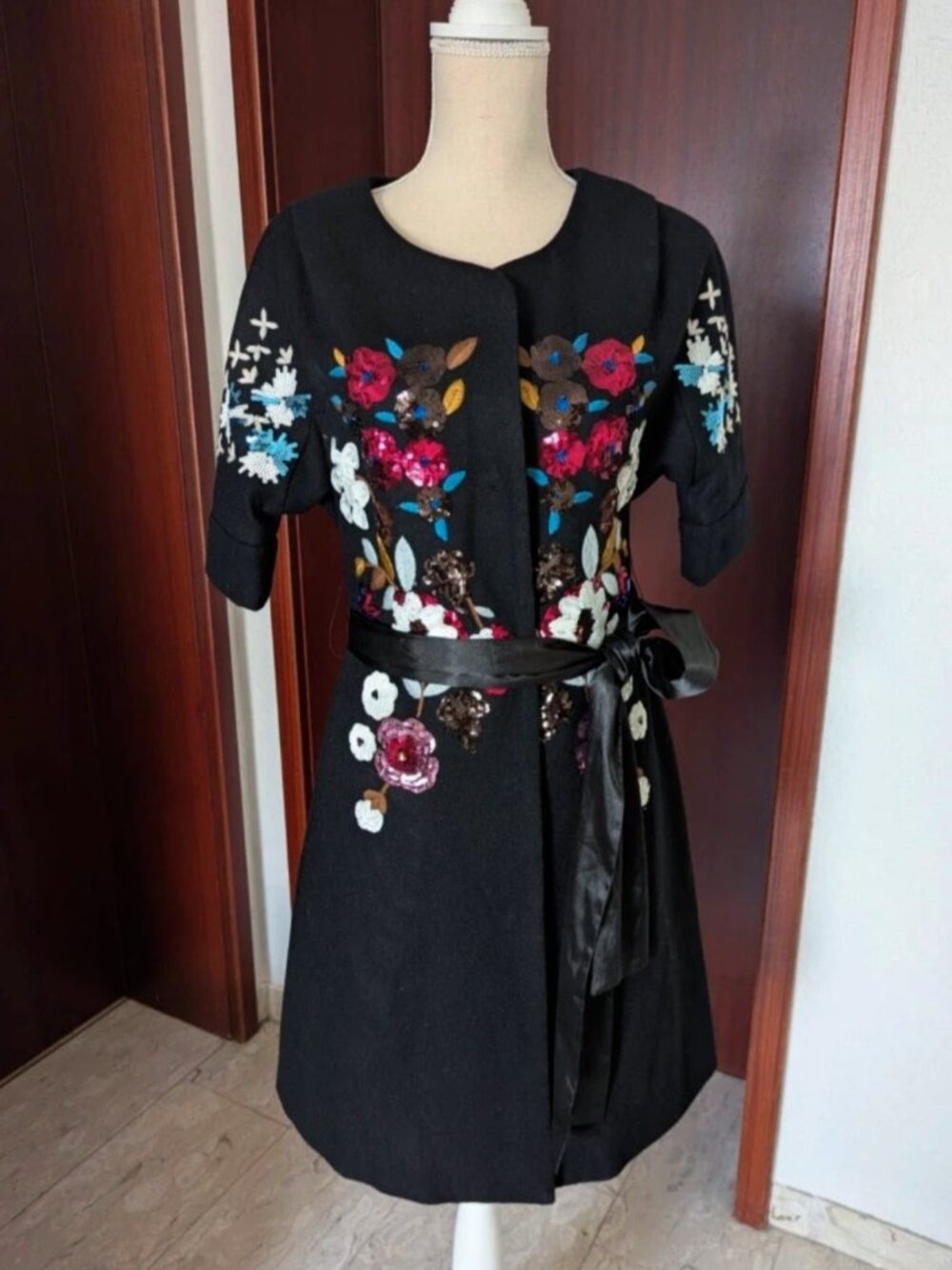 Vintage Y2K Marni Black Wool blend coat floral sequin embroidery women US 10 /40